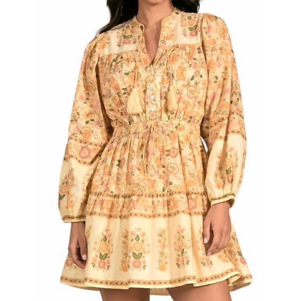 Elan Floral Long Sleeve Mini Dress Orange Yellow Smocked Waist Tassel Boho M